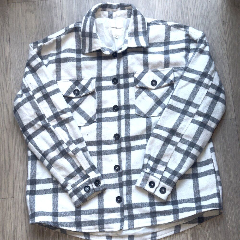 Thread & Supply Shirt Jacket Shacket Womens Size M Black & White Plaid Flannel
